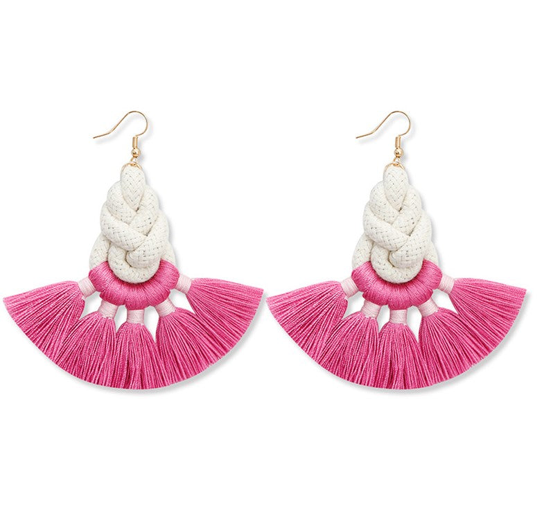 Boho Tassel Earrings – Yellow & Pink Fringe Fan Statement Dangle, Lightweight Rope Knot Earrings