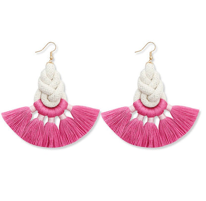 Boho Tassel Earrings – Yellow & Pink Fringe Fan Statement Dangle, Lightweight Rope Knot Earrings