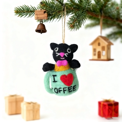 Handmade Wool Felt Black Cat in Mug Ornament