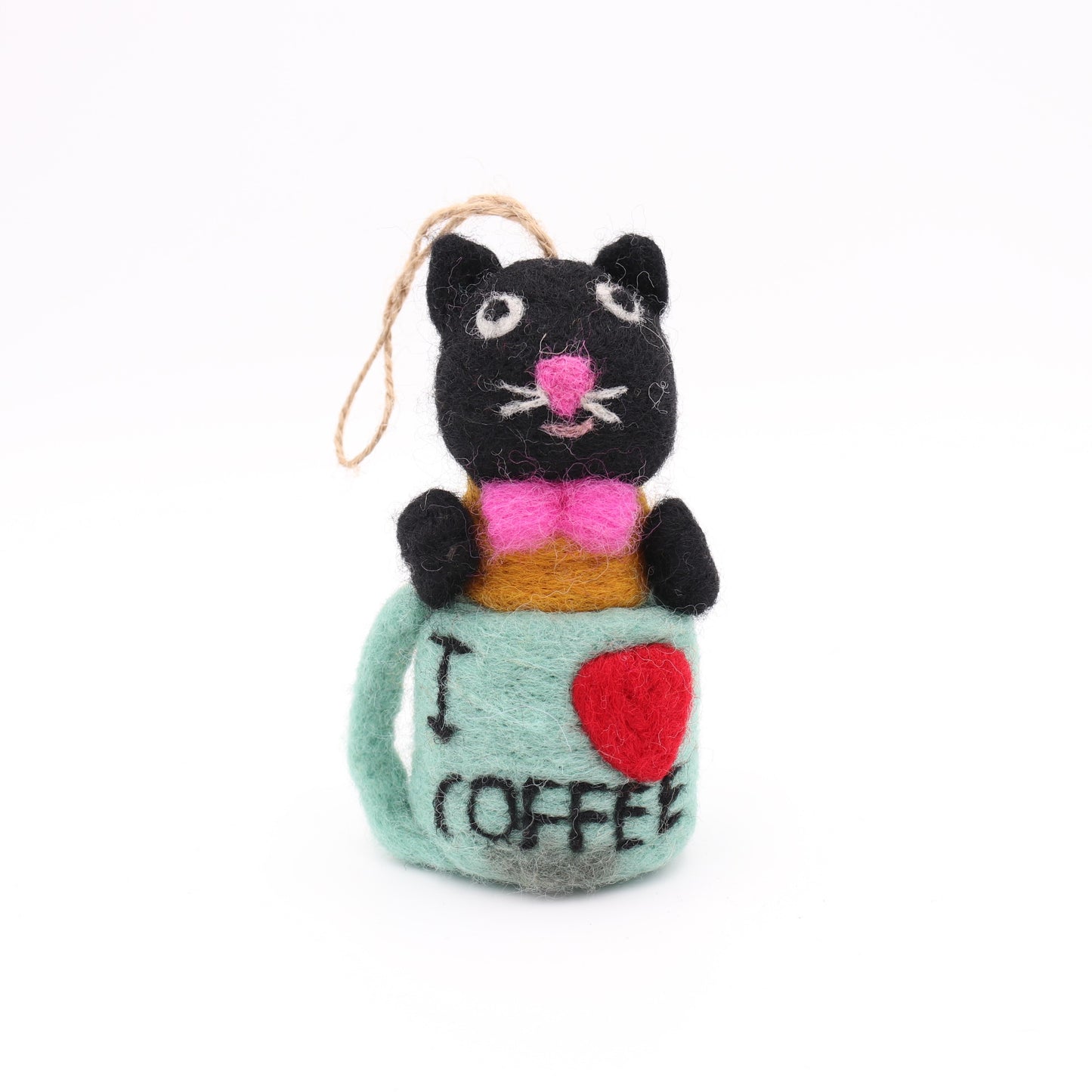 Handmade Wool Felt Black Cat in Mug Ornament