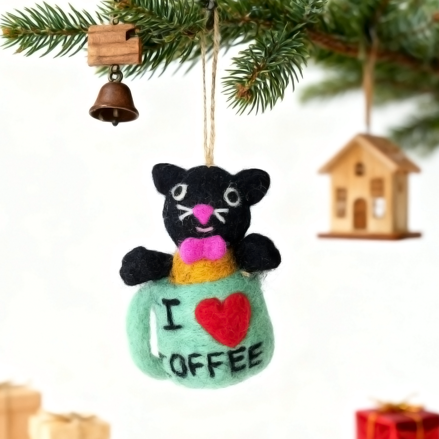 Handmade Wool Felt Black Cat in Mug Ornament