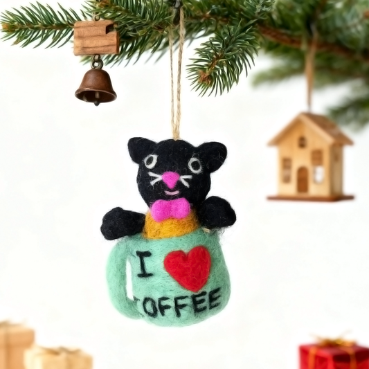 Handmade Wool Felt Black Cat in Mug Ornament