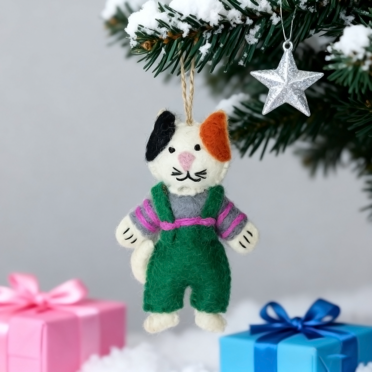 Handmade Wool Felt Cozy Calico Cat Ornament