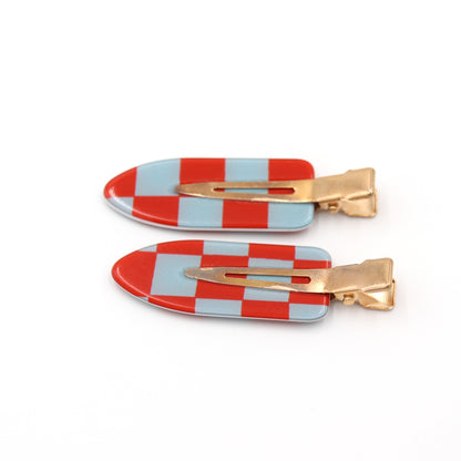 Checkered Hair Clip & Slide - Barrette Set Of 2 (Red)
