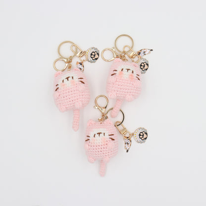 Purrfect in Pink: Hand-Knitted Cat Keychain with Removable Charms