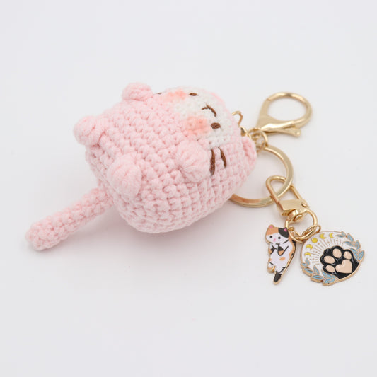 Purrfect in Pink: Hand-Knitted Cat Keychain with Removable Charms
