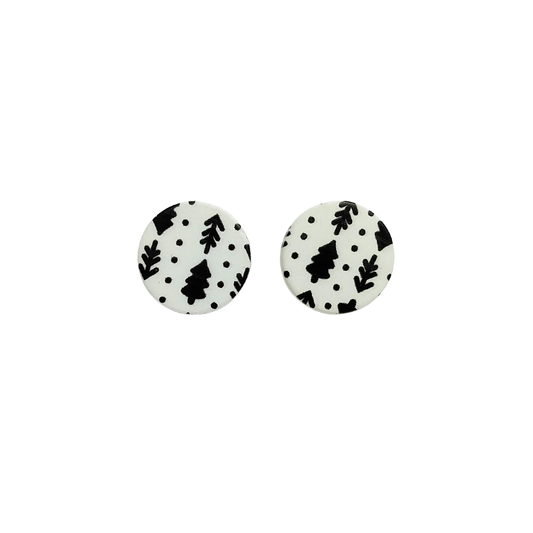 Black Leaf Pattern Round Acrylic Stud Earrings