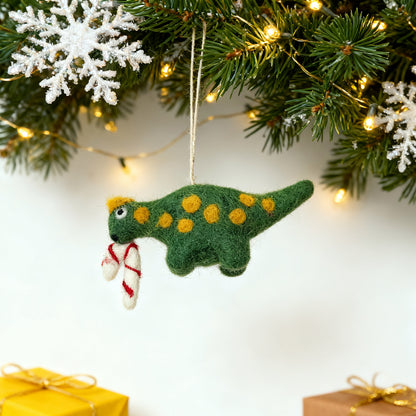 Felt Dinosaur Christmas Ornament - Green Dino with Candy Canes