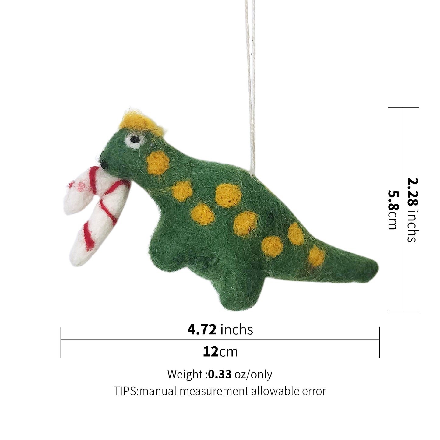 Felt Dinosaur Christmas Ornament - Green Dino with Candy Canes