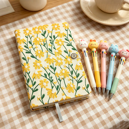 Embroidered Yellow Daisy Fabric Journal with Button Closure