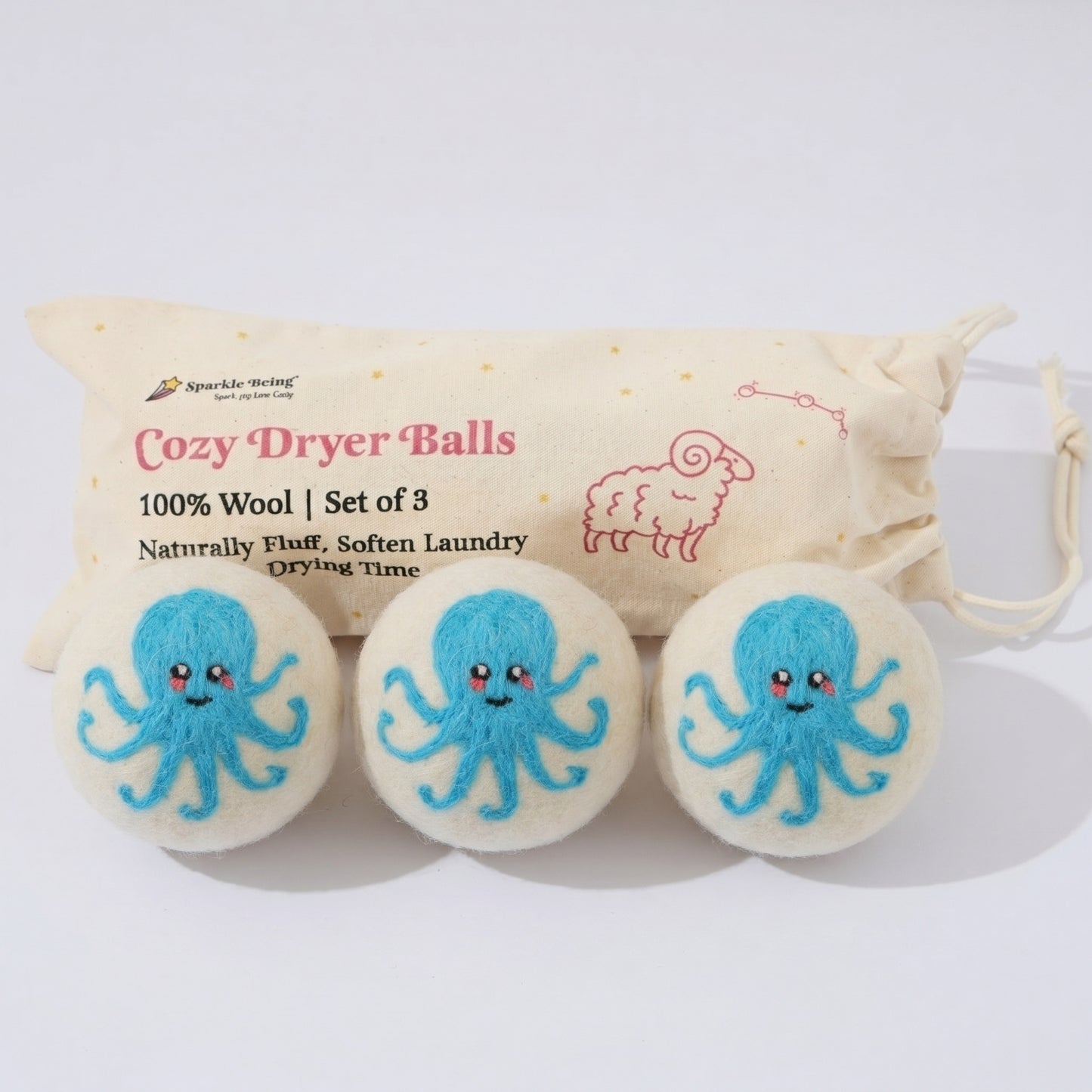 Octopus Eco Wool Laundry Dryer Balls - Set of 3