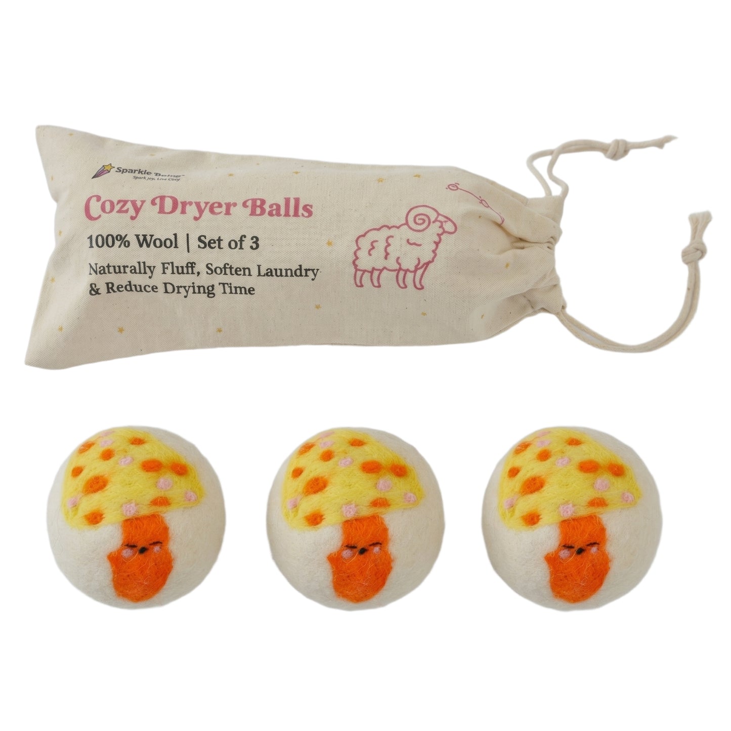 Yellow Mushroom Eco Wool Laundry Dryer Balls - Set of 3
