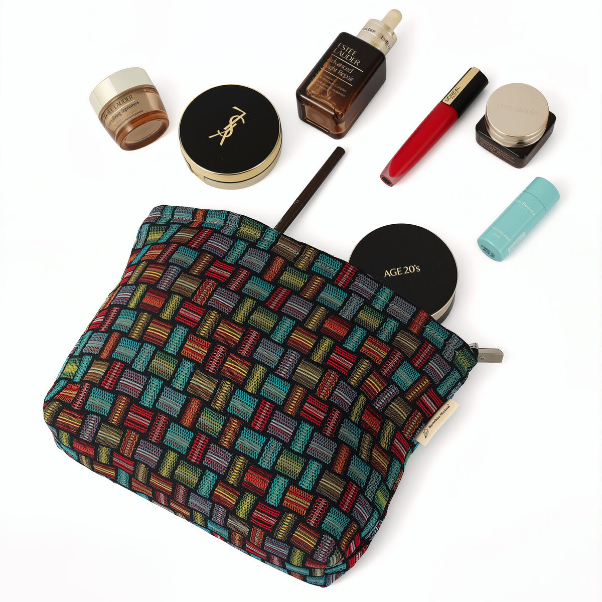 Rainbow Woven Mosaic Toiletry / Makeup Bag - Travel-Friendly Cosmetic Bag