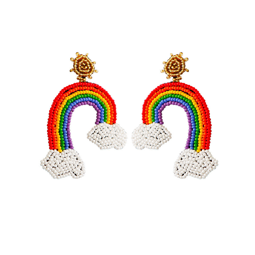 Rainbow Beaded Earrings with Cloud Detail – Colorful Statement Dangles