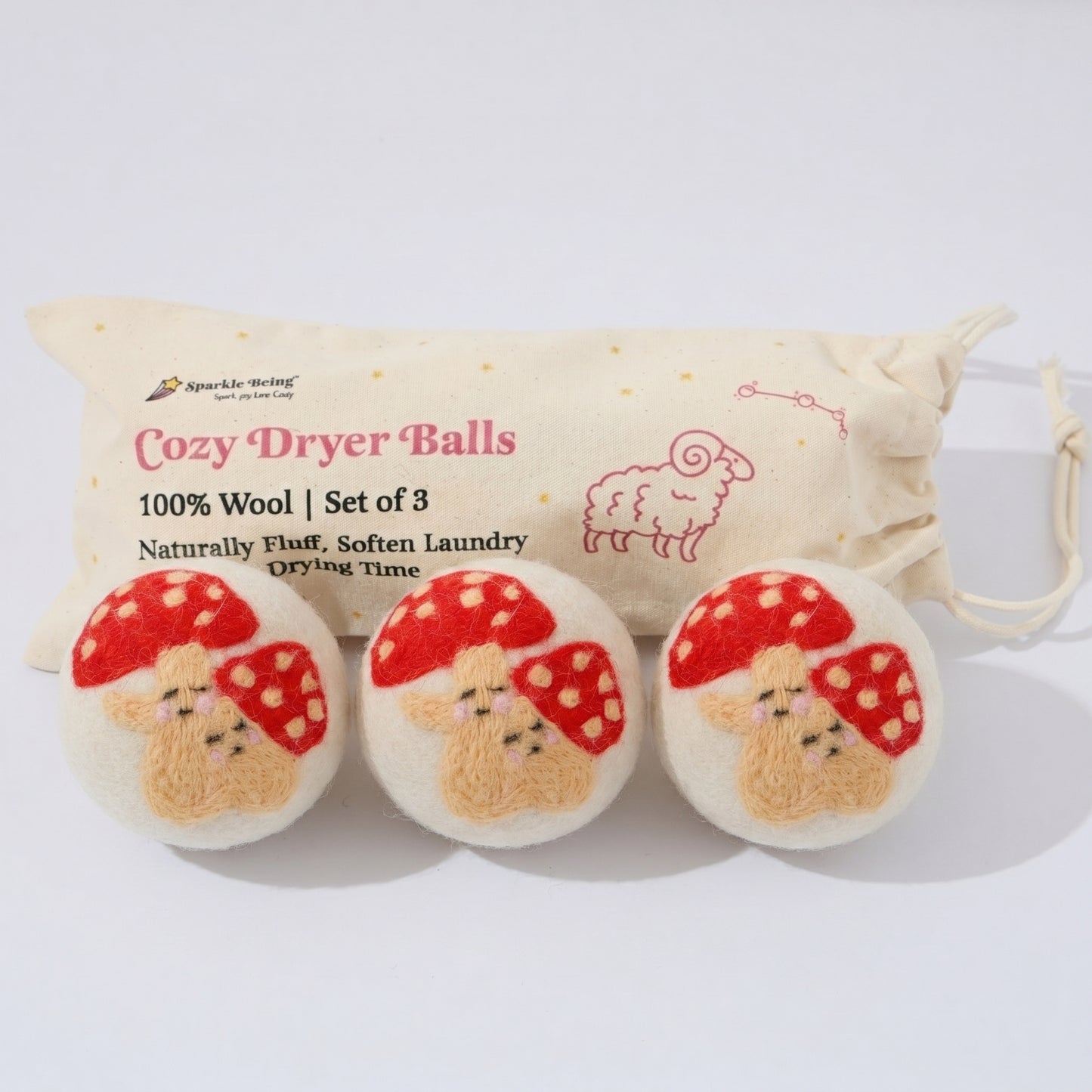 Red Mushroom Eco Wool Laundry Dryer Balls - Set of 3