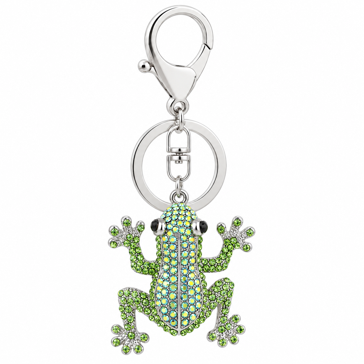 A rhinestone green frog keychain featuring a sparkling pavé crystal body and silver-tone lobster clasp.