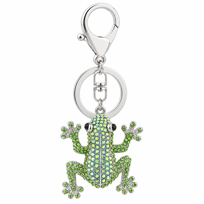 A rhinestone green frog keychain featuring a sparkling pavé crystal body and silver-tone lobster clasp.