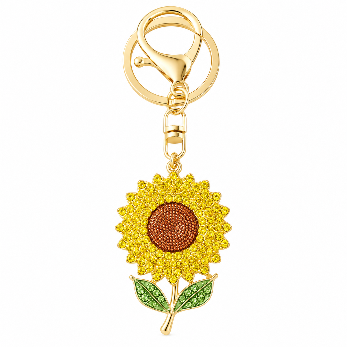 A rhinestone sunflower keychain featuring yellow and brown crystals on a gold-tone clasp and ring.