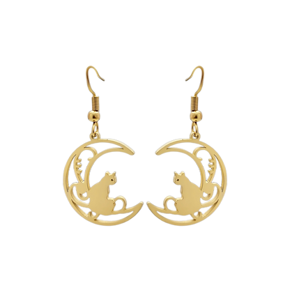 Stainless Steel Drop Earrings - Crescent Moon and Cat