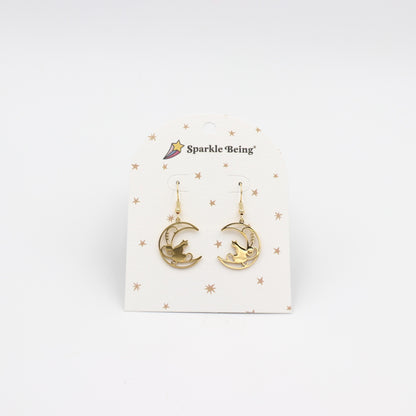 Stainless Steel Drop Earrings - Crescent Moon and Cat