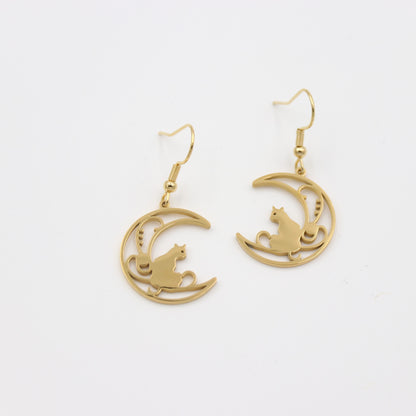 Stainless Steel Drop Earrings - Crescent Moon and Cat