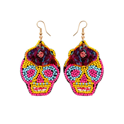 Multicolor Beaded Sugar Skull Earrings – Statement Day of the Dead Dangles