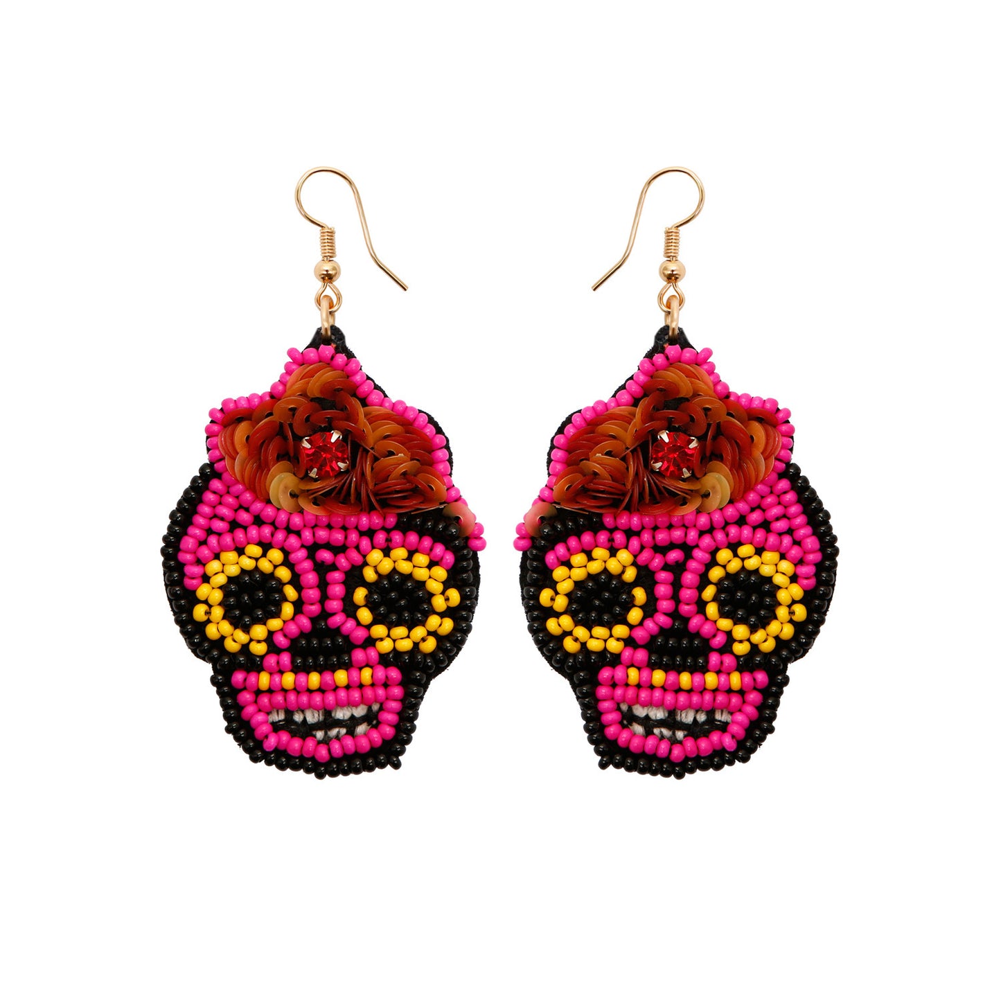 Multicolor Beaded Sugar Skull Earrings – Statement Day of the Dead Dangles