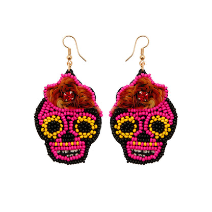 Multicolor Beaded Sugar Skull Earrings – Statement Day of the Dead Dangles