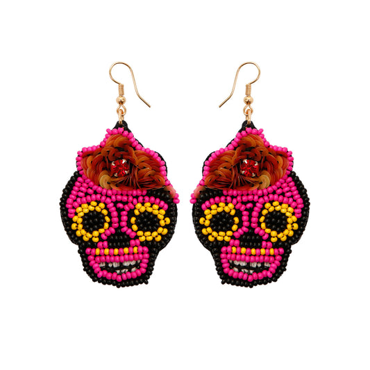 Multicolor Beaded Sugar Skull Earrings – Statement Day of the Dead Dangles