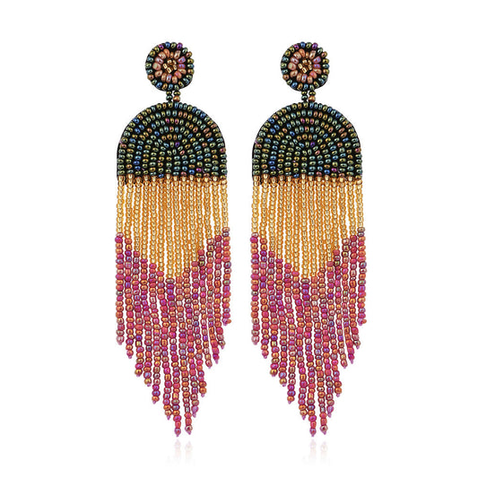 Beaded Fringe Statement Earrings – Multicolor Tassel Dangle Earrings