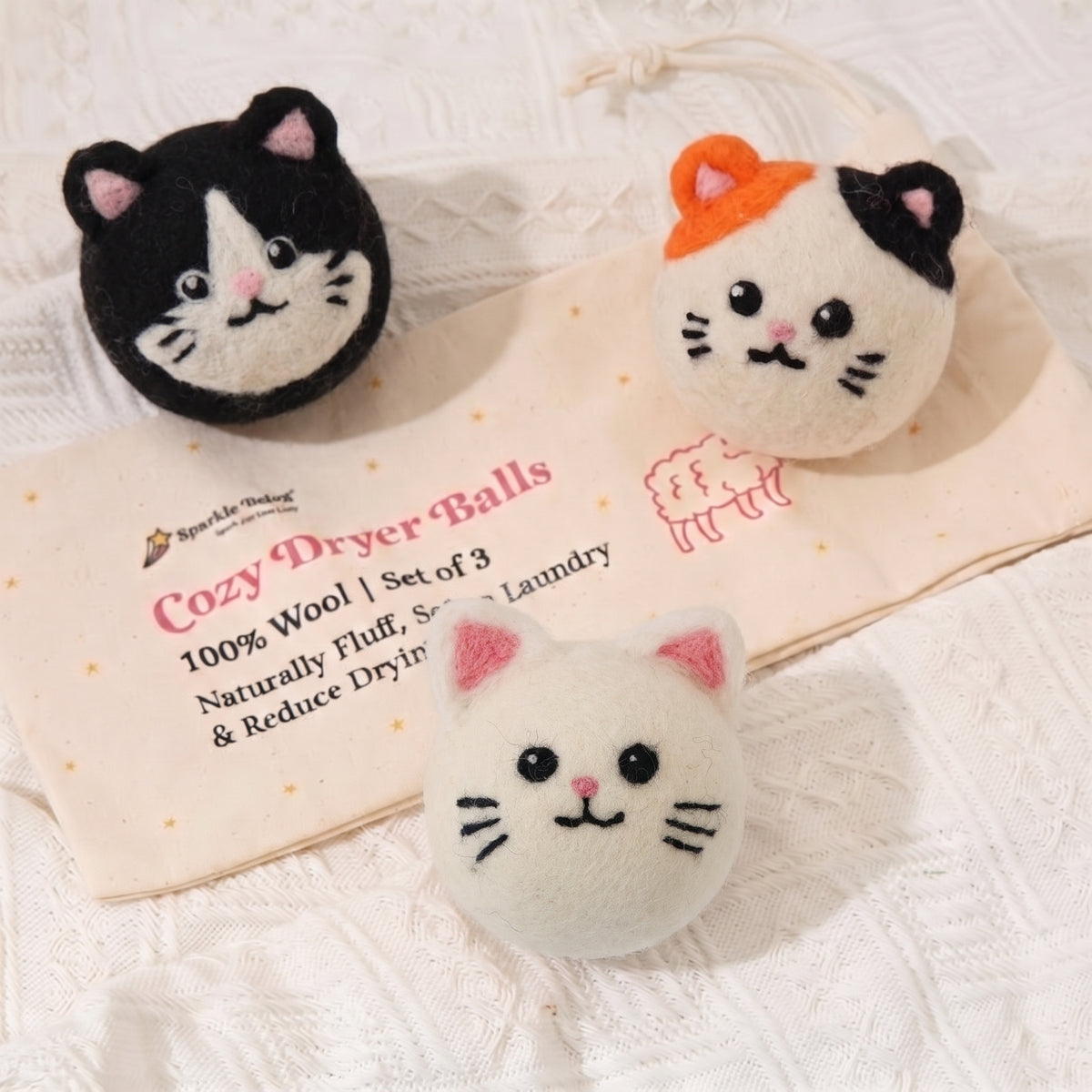 Tuxedo & Calico Cat Wool Dryer Balls – Set of 3
