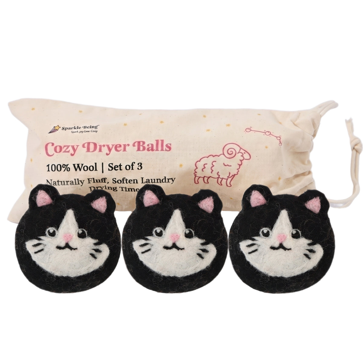 Tuxedo Cat Wool Dryer Balls with 3D Ears – Set of 3