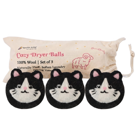 Tuxedo Cat Wool Dryer Balls with 3D Ears – Set of 3