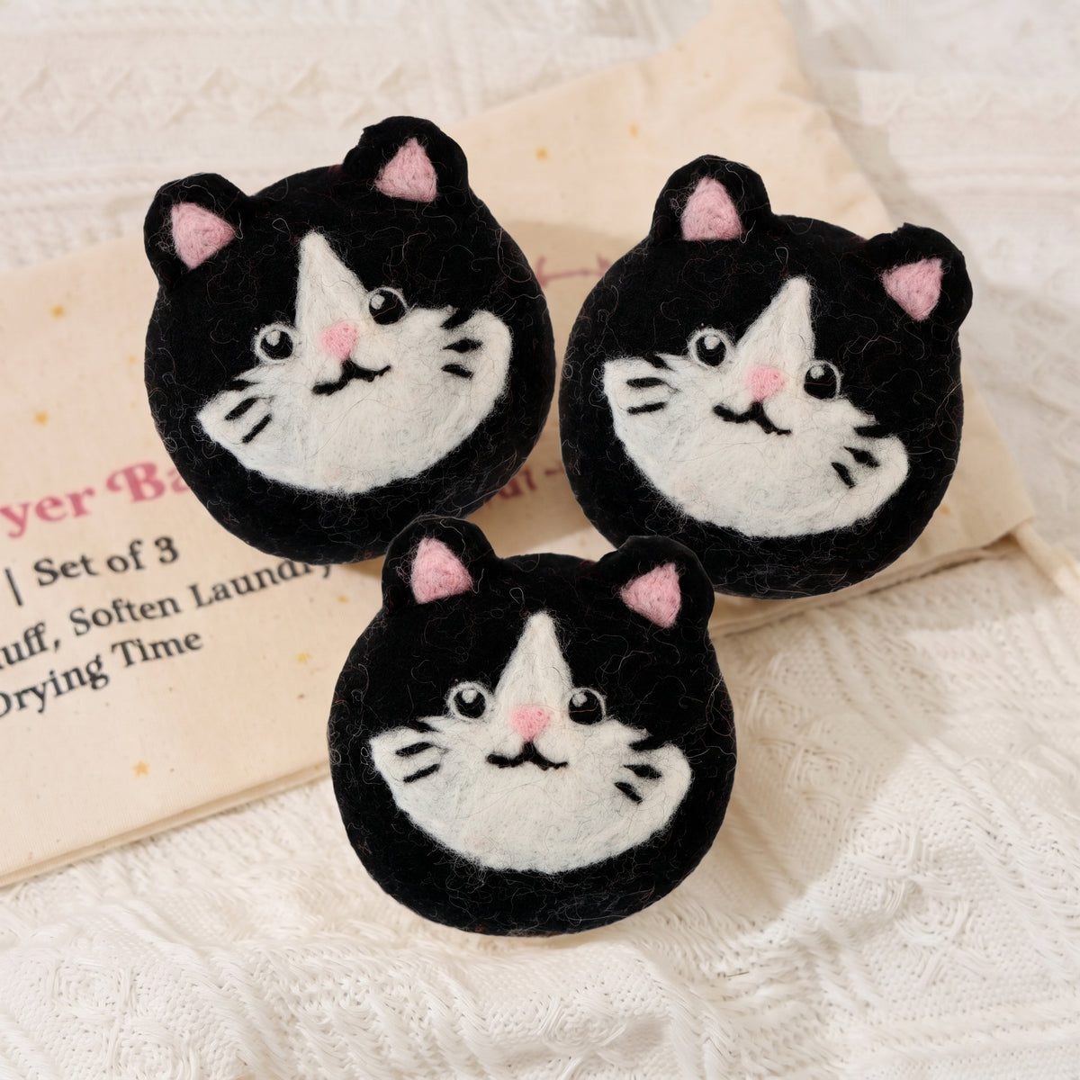 Tuxedo Cat Wool Dryer Balls with 3D Ears – Set of 3