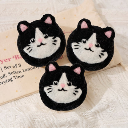 Tuxedo Cat Wool Dryer Balls with 3D Ears – Set of 3
