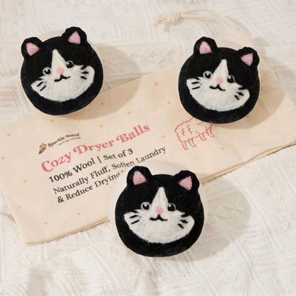 Tuxedo Cat Wool Dryer Balls with 3D Ears – Set of 3