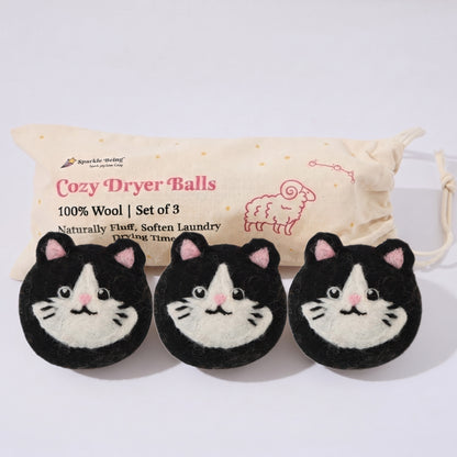 Tuxedo Cat Wool Dryer Balls with 3D Ears – Set of 3