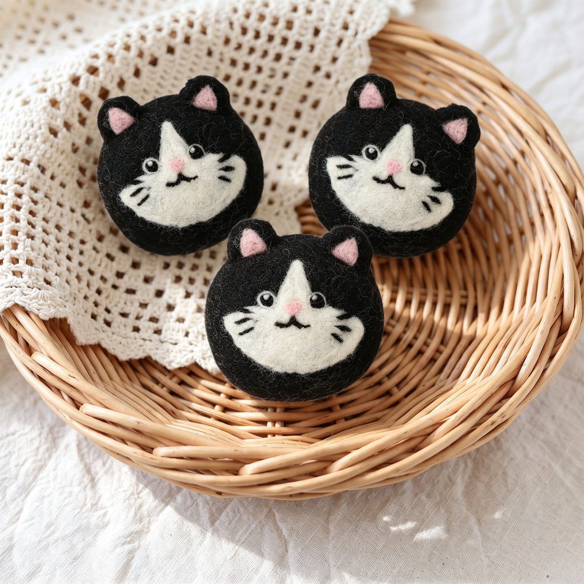 Tuxedo Cat Wool Dryer Balls with 3D Ears – Set of 3