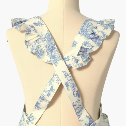 Vintage Cotton Apron with Puffed Shoulder Straps – Blue Toile