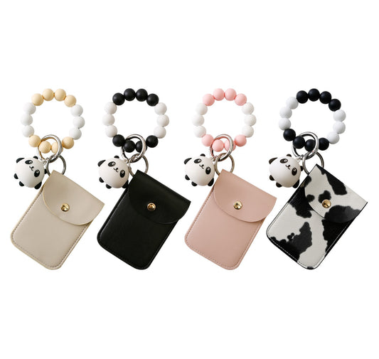 Wristlet Keychain Wallet with Panda Charm – Silicone Beaded Bracelet Card Pouch