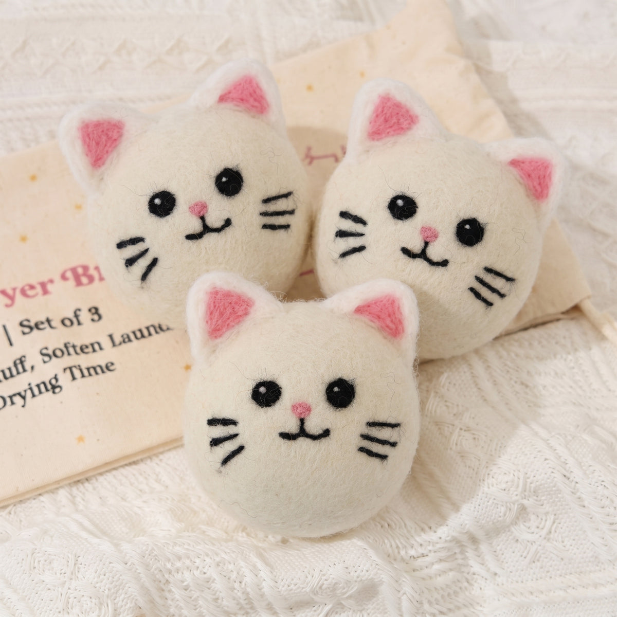 White Kitty Wool Dryer Balls with 3D Ears – Set of 3