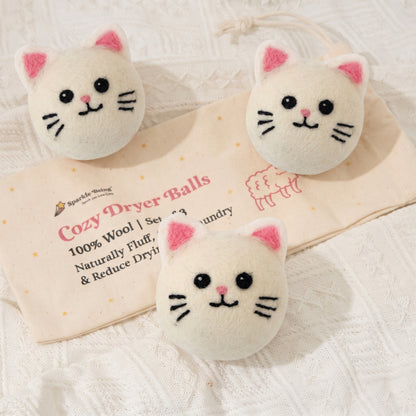 White Kitty Wool Dryer Balls with 3D Ears – Set of 3