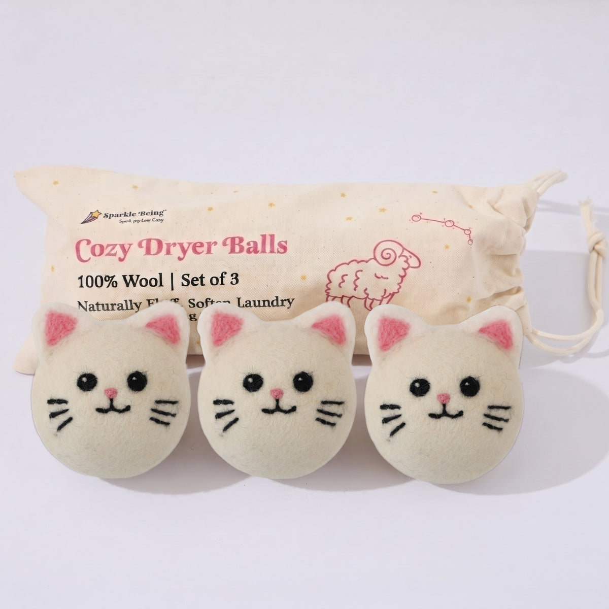 White Kitty Wool Dryer Balls with 3D Ears – Set of 3