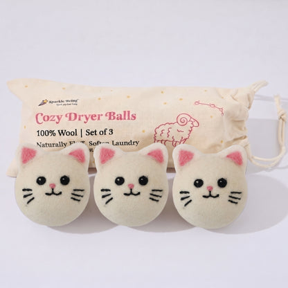 White Kitty Wool Dryer Balls with 3D Ears – Set of 3