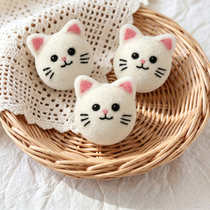 White Kitty Wool Dryer Balls with 3D Ears – Set of 3