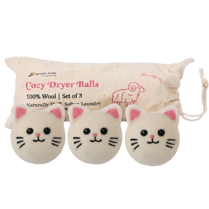 White Kitty Wool Dryer Balls with 3D Ears – Set of 3