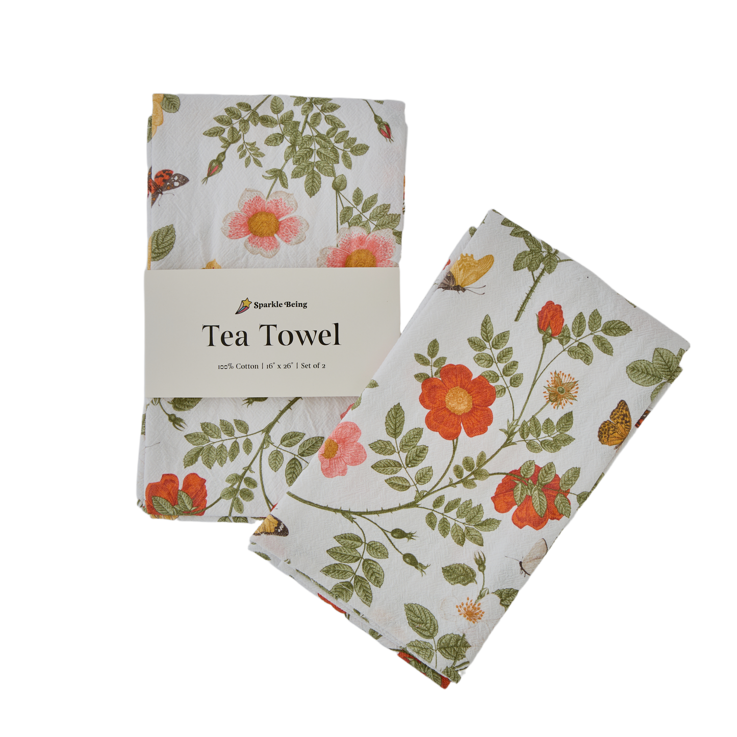 Cotton Tea Towels – Wild Roses with Butterflies Set of 2 | Floral Botanical Dish Towels