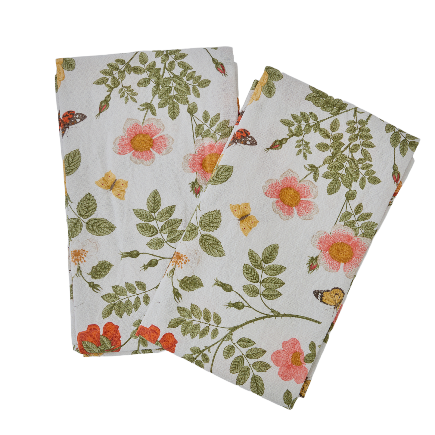 Cotton Tea Towels – Wild Roses with Butterflies Set of 2 | Floral Botanical Dish Towels