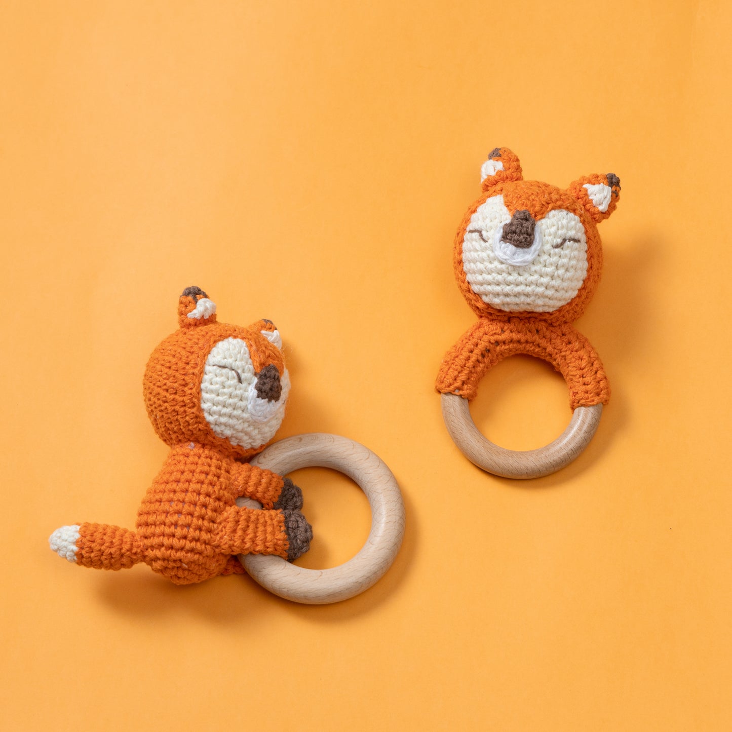 Wooden Baby Rattle Crochet Toy - Sleeping Fox