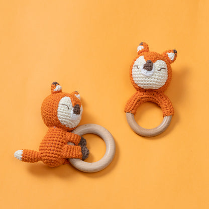 Wooden Baby Rattle Crochet Toy - Sleeping Fox